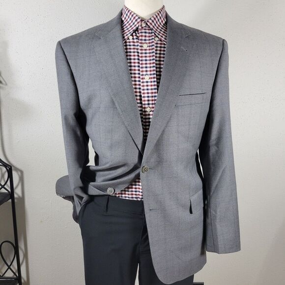 JOS A BANK Signature Men's Sport Coat Blazer‎ Two Button Gray Plaid Wool Sz 44R